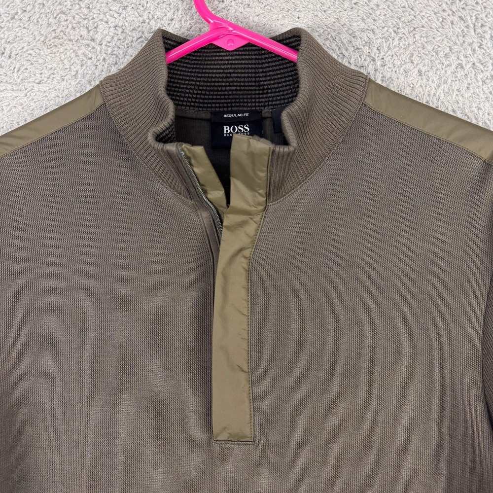 Hugo Boss Sweater Mens Medium Olive Green Mock‎ Neck Snap Placket Regular Fit - Picture 2 of 12